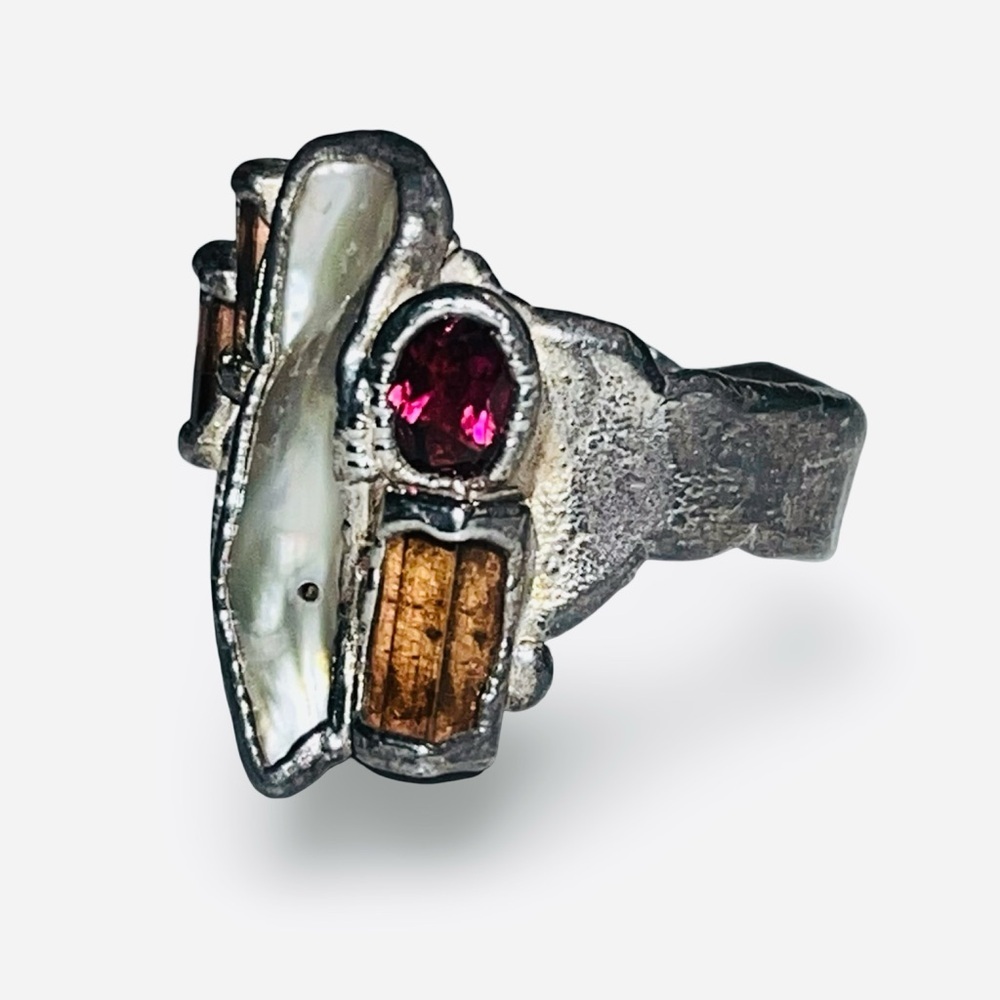 Vintage C + R 99% Pure Silver Garnet Pearl Opal Pink Tourmaline Ring Size 10 - Picture 4 of 9